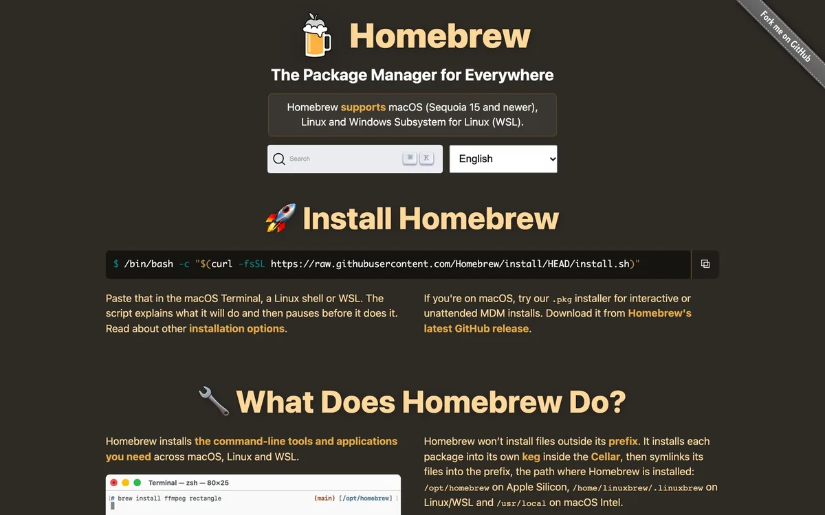 La page d’accueil du site officiel de Homebrew, avec la commande d’installation affichée en haut.