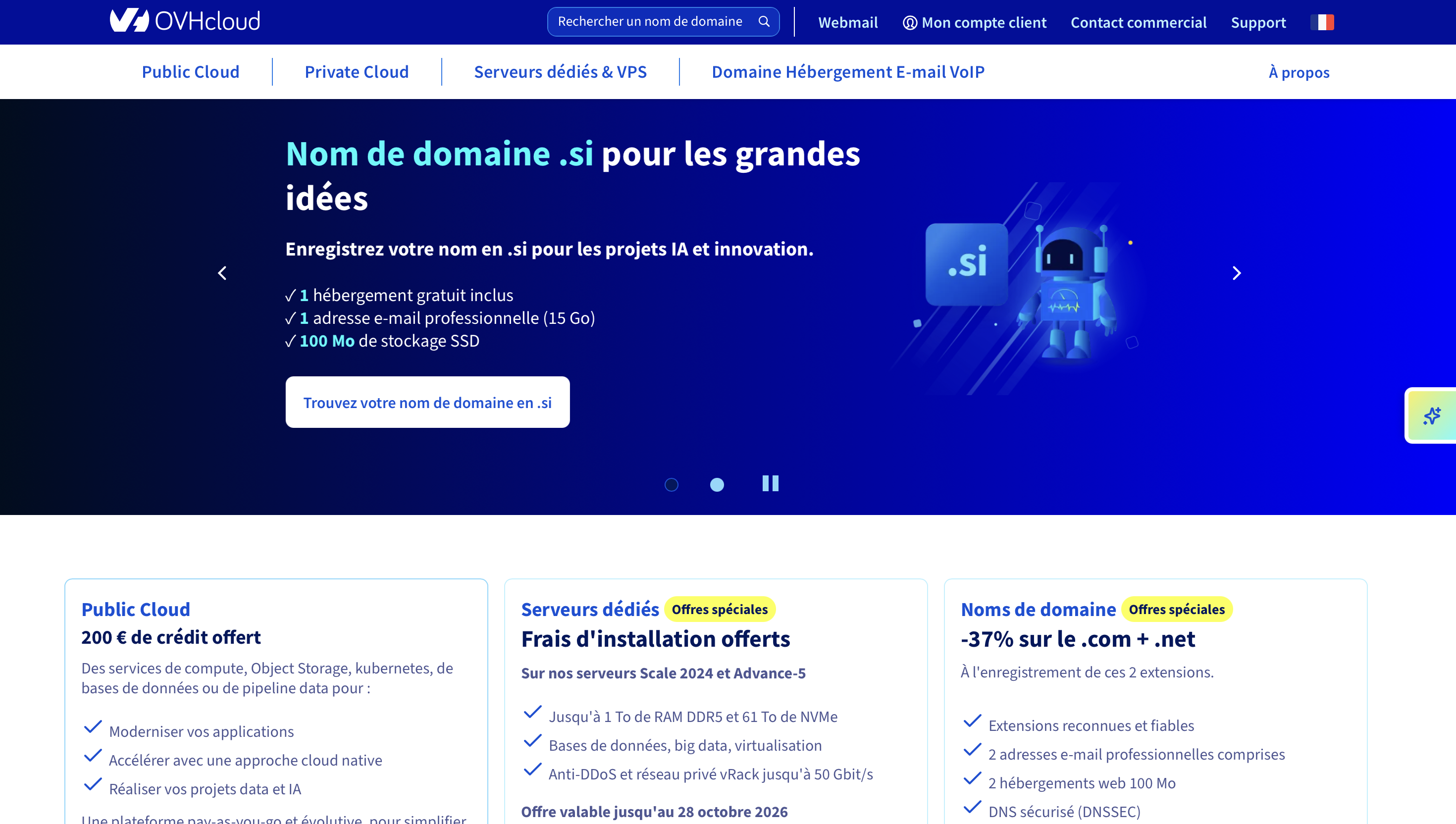 Page Nom de domaine d’OVHcloud avec la barre de recherche où l’on tape le nom voulu.