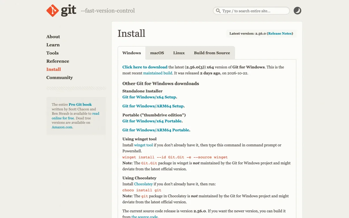 La page d'installation de Git pour Windows sur le site officiel de Git, avec le lien de téléchargement de la dernière version.