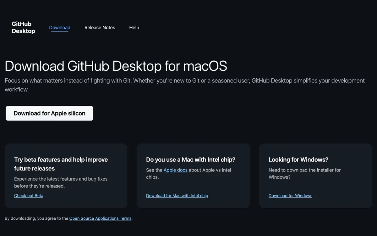La page officielle de téléchargement de GitHub Desktop, avec ses boutons de téléchargement.