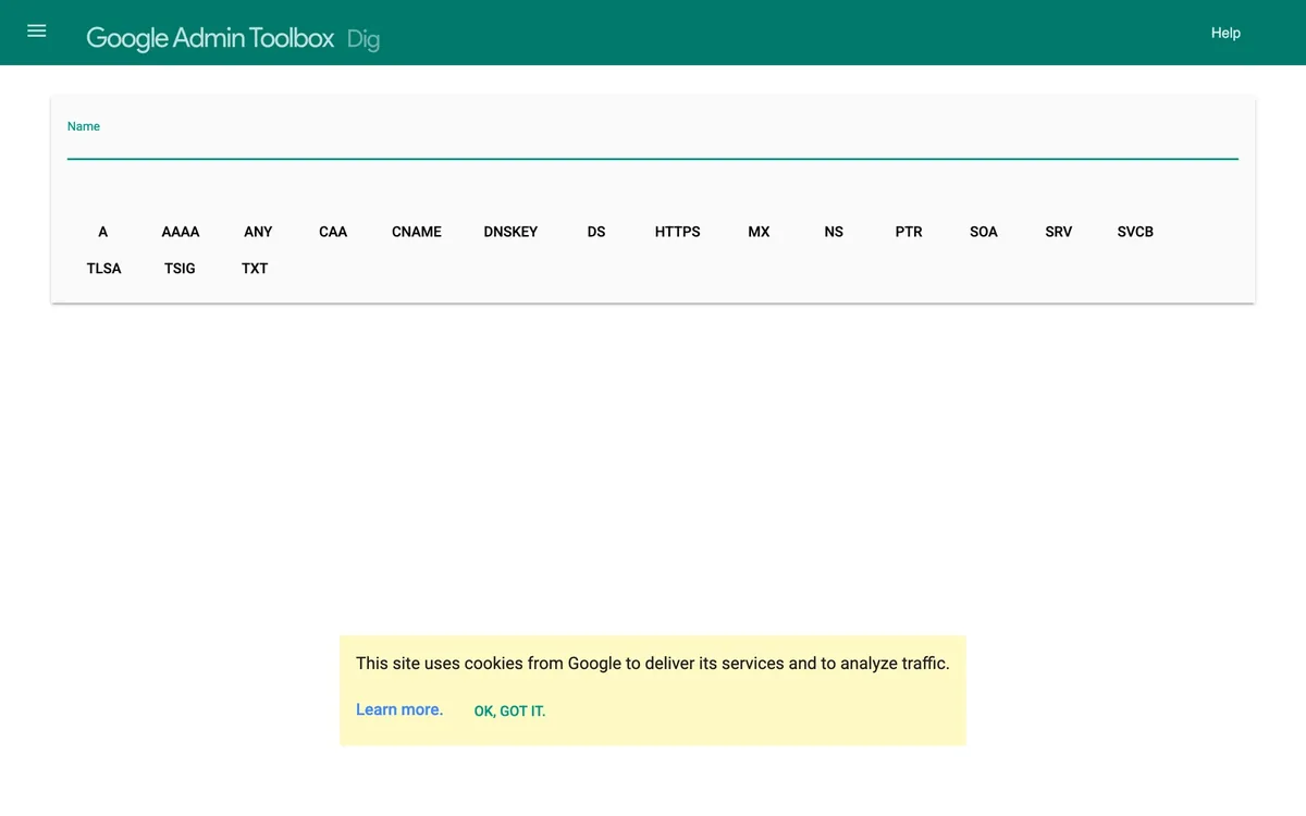 Page de l’outil Dig de la Google Admin Toolbox, avec le champ Name où saisir le domaine à vérifier.